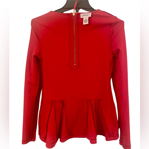 NWOT! Luxury Designer Carmen Marc Valvo Red Long-Sleeve Peplum Top Flattering XS - Picture 7 of 10